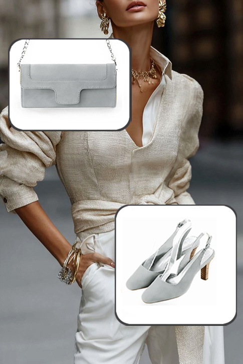 Dress slingback heels in pearl grey leather with kitten heels and round toe - Worn view